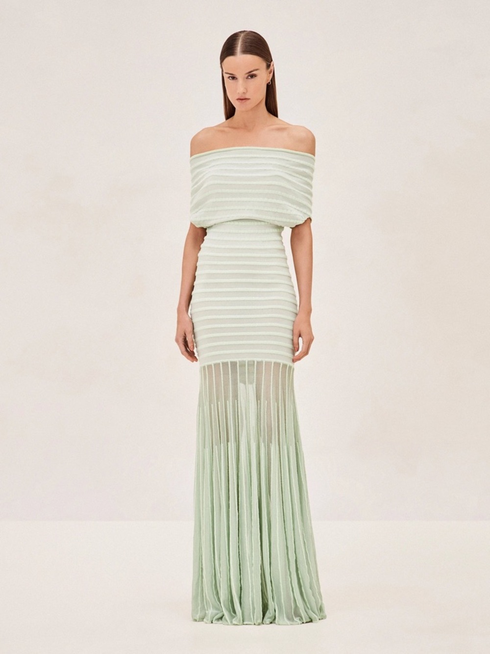 Alexis One-Shoulder Sheer-Panel Mint Green Evening Gown - Picture 2 of 4